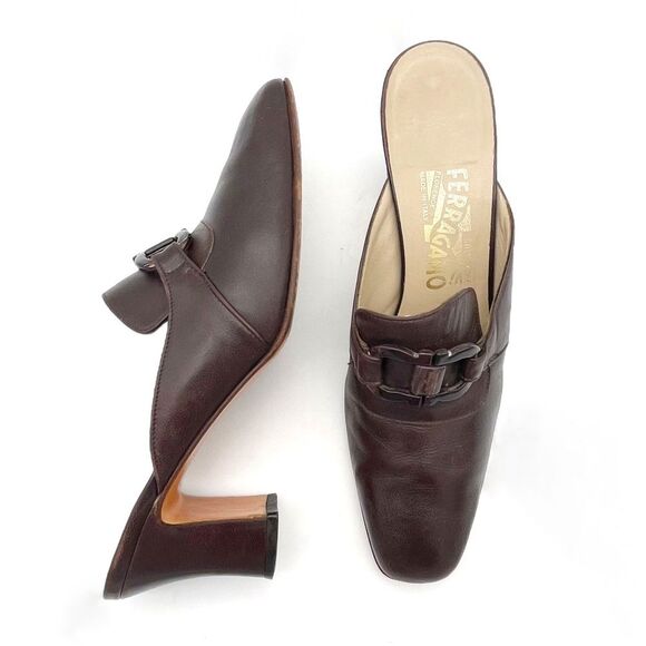 Vintage Salvatore Ferragamo Chocolate Brown Leather Square Toe Mules Size 8.5 - Picture 8 of 16